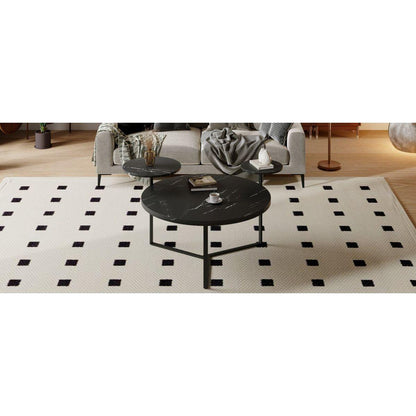 Modern coffee table with two display shelves, Black Faux marble surfaces, Tripod-inspired base,Rounded tabletop edges