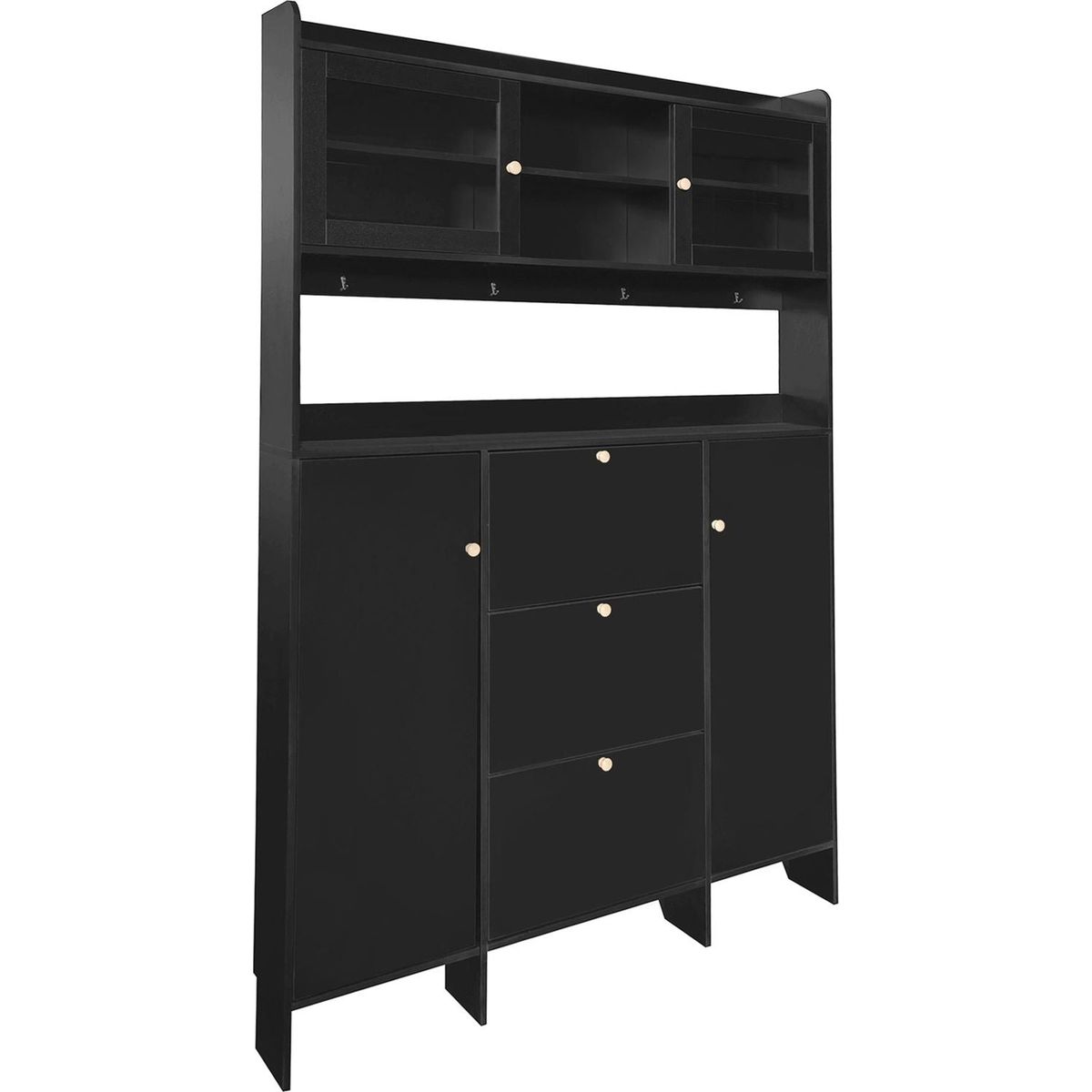 Contemporary Shoe Cabinet with Open Storage Platform, Tempered Glass Hall Tree with 3 Flip Drawers, Versatile Tall Cabinet with 4 Hanging Hooks for Hallway, Black