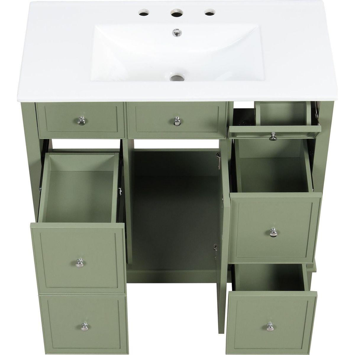 36" Bathroom Vanity with Sink, One Cabinet with Three drawers and One Flip Drawer, Solid Wood and MDF Board, Green