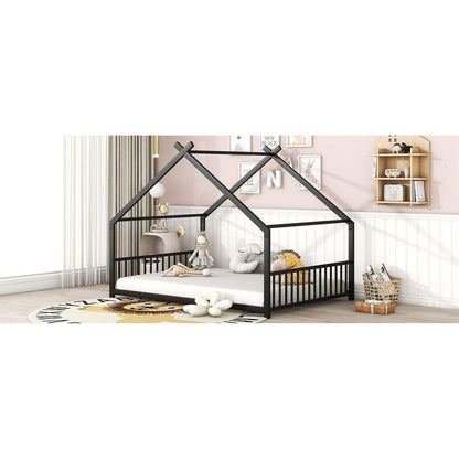 Full Size Metal House Bed, Black