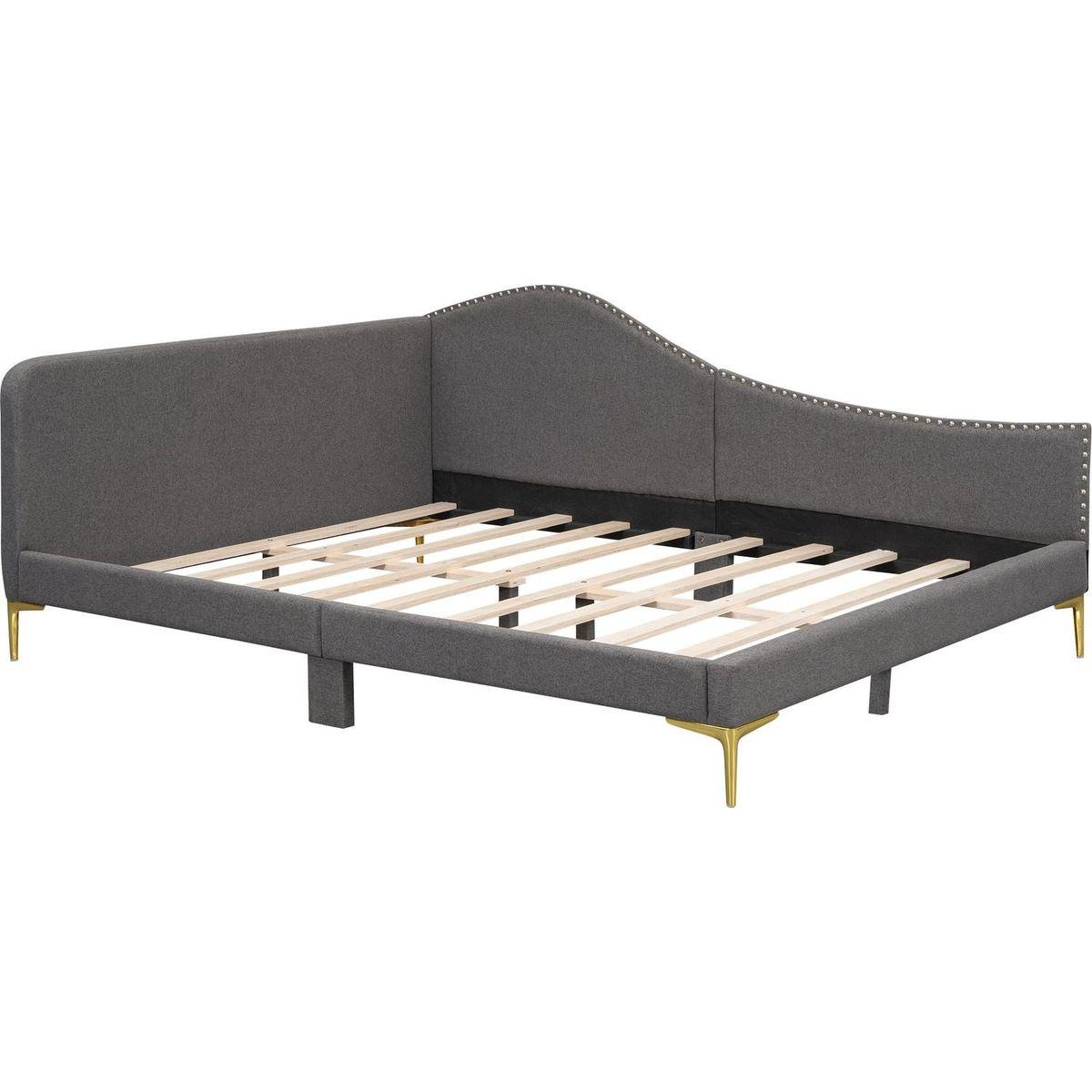 Full Size Upholstered Daybed with Headboard and Armrest, Support Legs, Grey