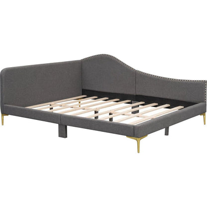Full Size Upholstered Daybed with Headboard and Armrest, Support Legs, Grey