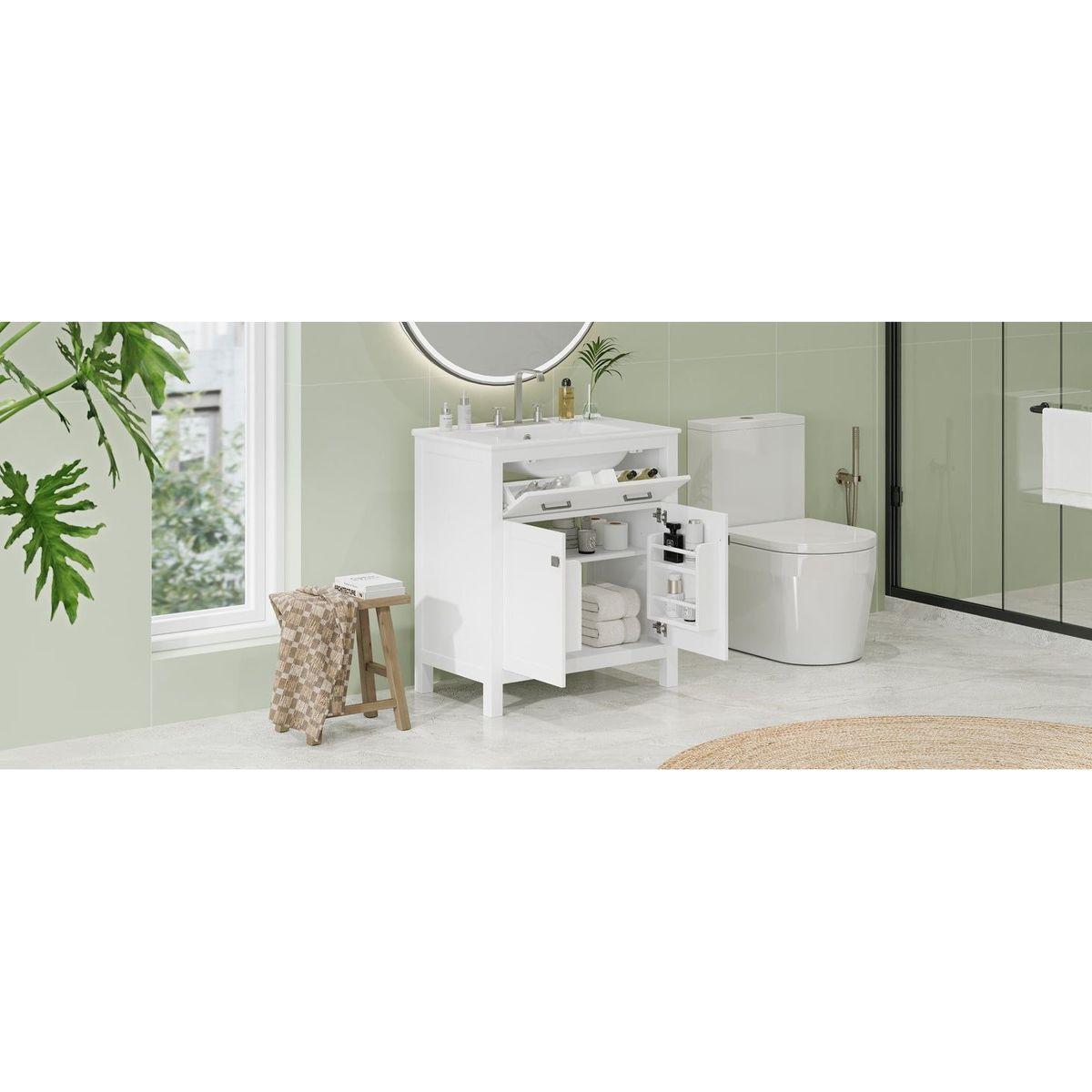 30-inch Bathroom Vanity with Ceramic Sink, Modern White Single Bathroom Cabinet with 2 Doors and a Shelf, Soft Close Doors