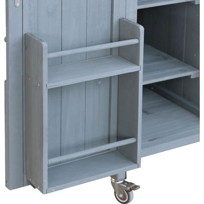 Outdoor Kitchen Island, Rolling Bar Cart & Storage Cabinet, Farmhouse Solid Wood Outdoor Grill Table with Stainless Steel Top, Spice Rack, Towel Rack for Kitchen & BBQ, Grey Blue