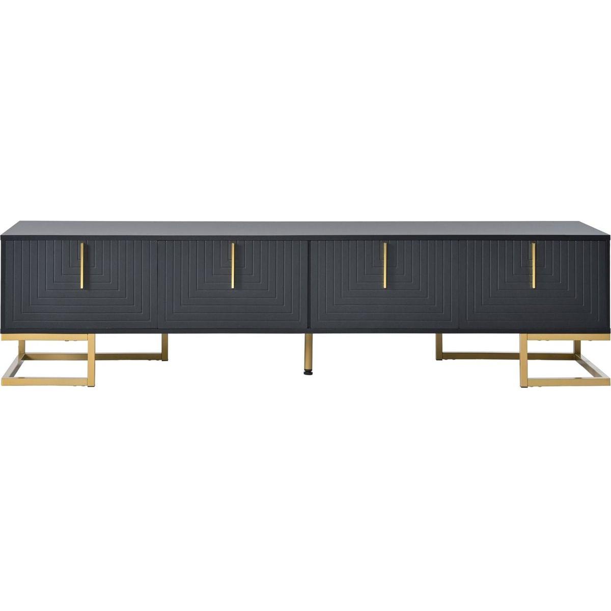 Modern TV Stand with Metal Legs and Gold Handles for TVs Up to 80", Media Console Table with Cabinets and Adjustable Shelves, Luxury TV Cabinet with Geometric Lines for Living Room, Black