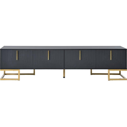 Modern TV Stand with Metal Legs and Gold Handles for TVs Up to 80", Media Console Table with Cabinets and Adjustable Shelves, Luxury TV Cabinet with Geometric Lines for Living Room, Black