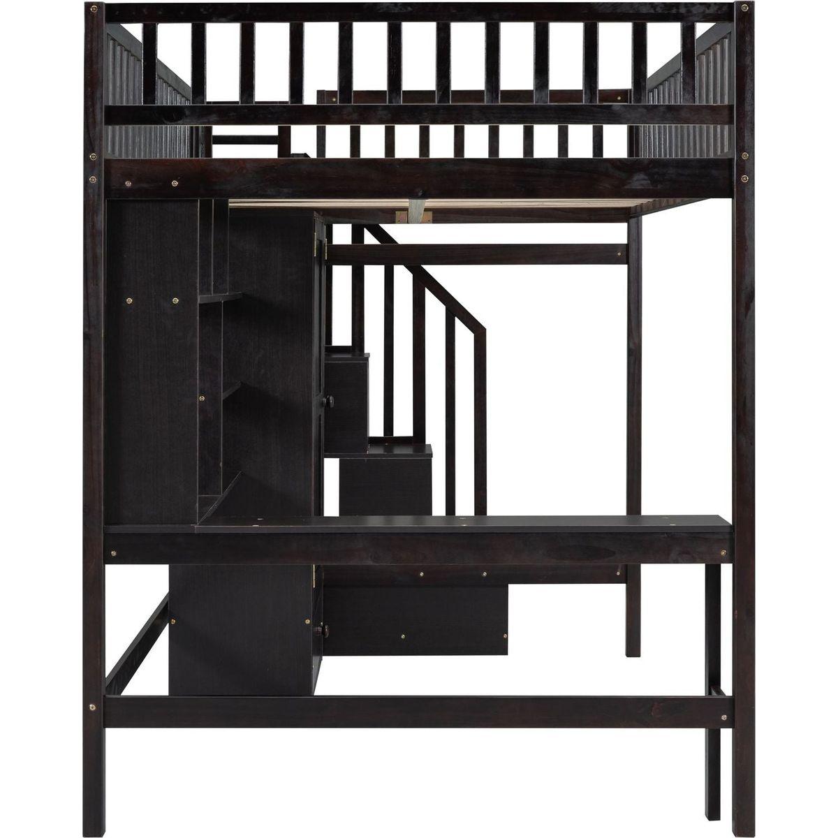 Full size Loft Bed with Bookshelf,Drawers,Desk,and Wardrobe-Espresso