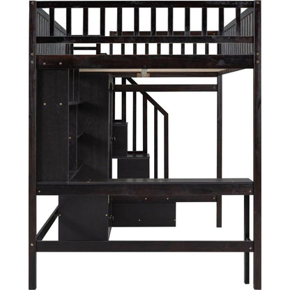 Full size Loft Bed with Bookshelf,Drawers,Desk,and Wardrobe-Espresso