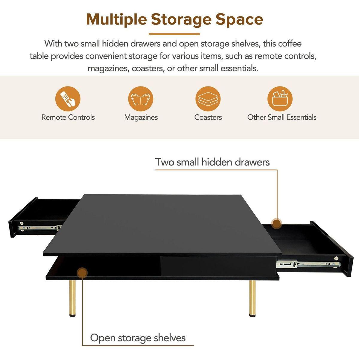 Exquisite High Gloss Coffee Table with 4 Golden Legs and 2 Small Drawers, 2-Tier Square Center Table for Living Room, Black
