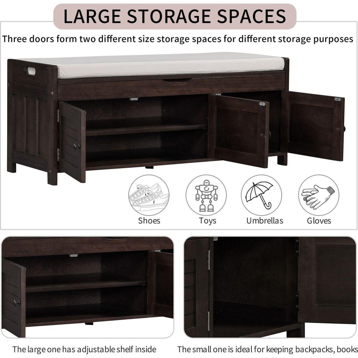 Storage Bench with 3 Shutter-shaped Doors, Shoe Bench with Removable Cushion and Hidden Storage Space (Espresso