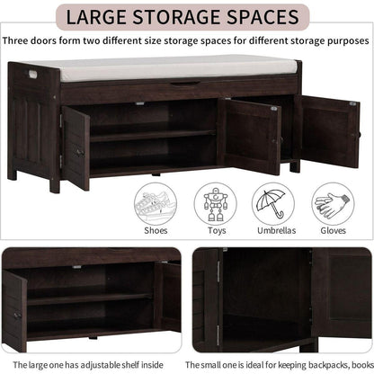 Storage Bench with 3 Shutter-shaped Doors, Shoe Bench with Removable Cushion and Hidden Storage Space (Espresso