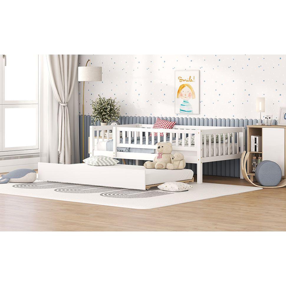 Twin Size Wood Daybed with Trundle and Fence Guardrails, White