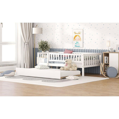 Twin Size Wood Daybed with Trundle and Fence Guardrails, White