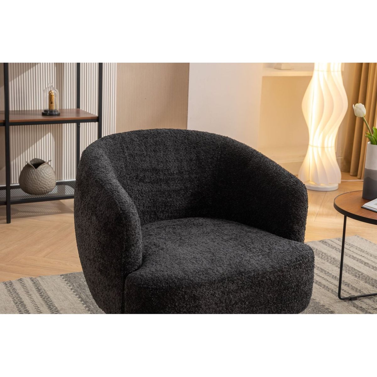 Chenille Fabric Accent Swivel Chair With Gold Metal Round Base,Black