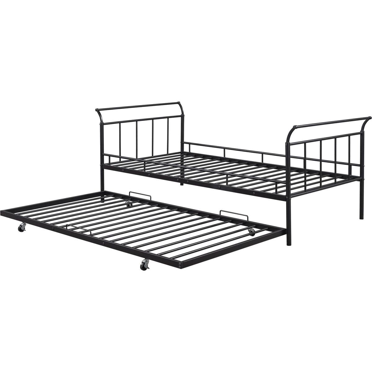 Twin Size Metal Daybed with Curved Handle Design and Twin Size Trundle, Black
