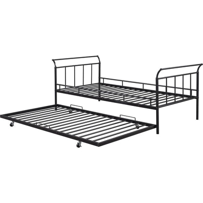 Twin Size Metal Daybed with Curved Handle Design and Twin Size Trundle, Black