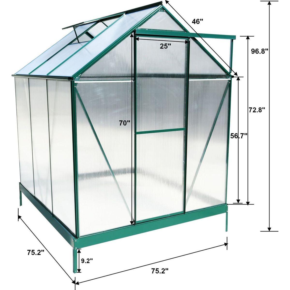 6.3'x6.2'x7' Polycarbonate Greenhouse, Heavy Duty Outdoor Aluminum Walk-in Green House Kit with Rain Gutter, Vent and Door for Backyard Garden, color green