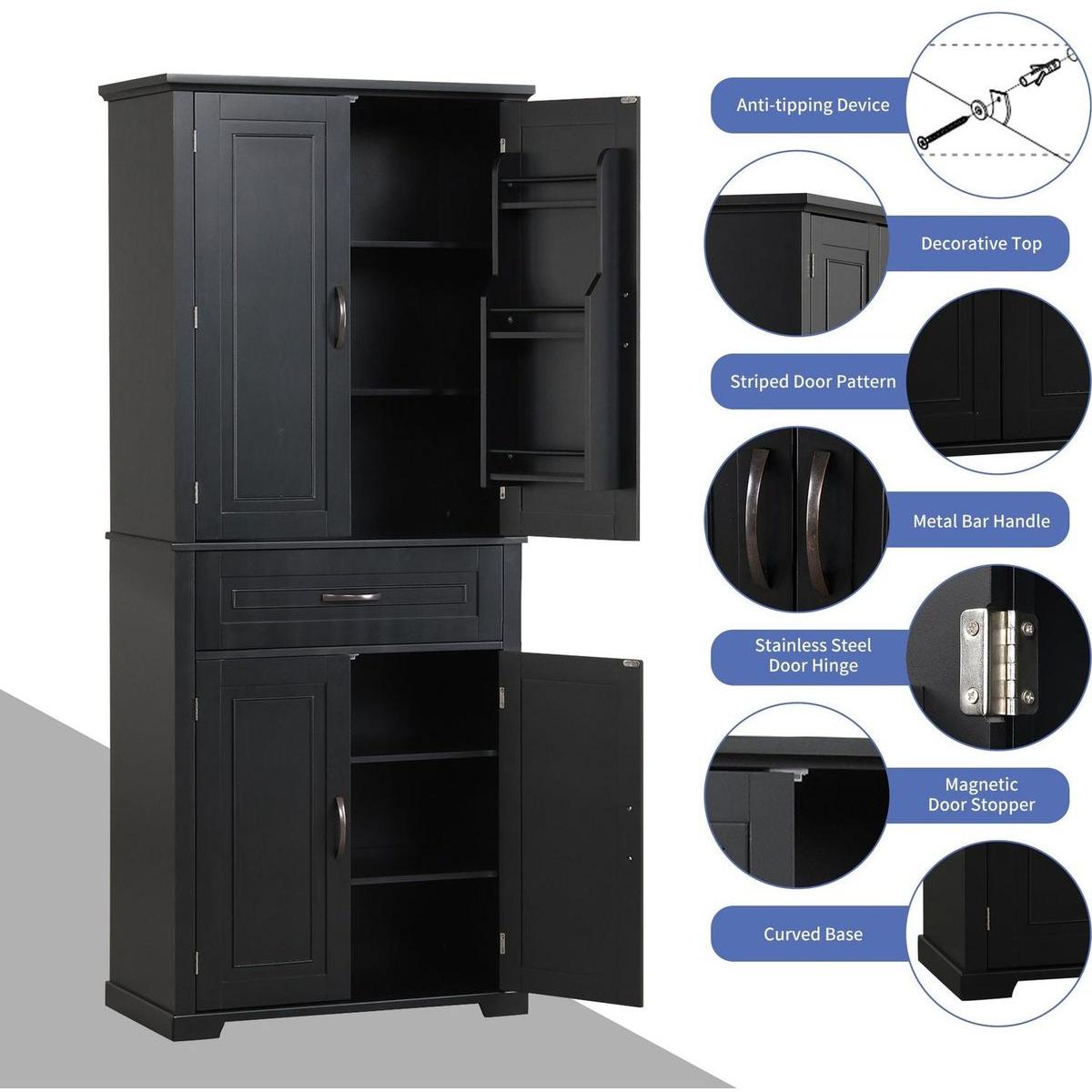 Bathroom Storage Cabinet with Doors and Drawer, Multiple Storage Space, Adjustable Shelf, Black