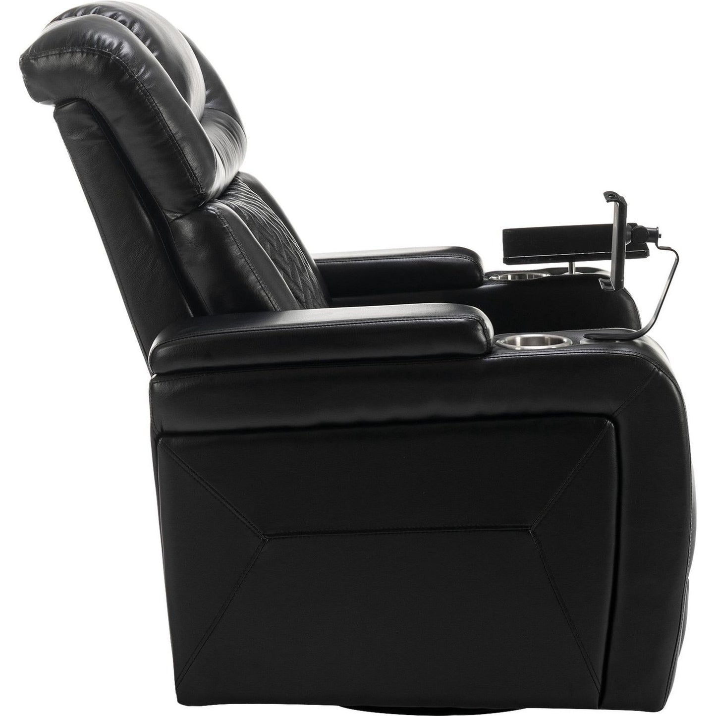 270 Degree Swivel PU Leather Power Recliner Individual Seat Home Theater Recliner with Comforable Backrest, Tray Table, Phone Holder, Cup Holder, USB Port, Hidden Arm Storage for Living Room, Black