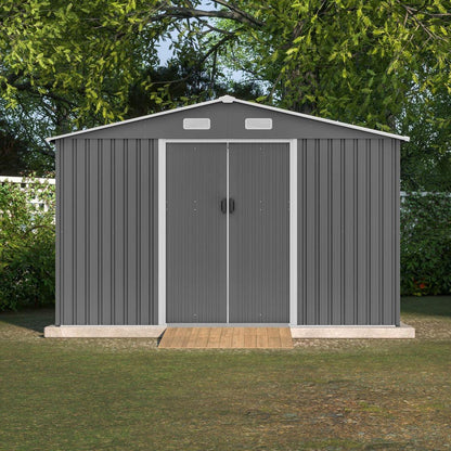 10X8 FT Outdoor Storage Shed, Metal Foundation & Lockable Doors, Tool Shed for Garden, Patio, Backyard, Lawn, Grey - Streamdale Furniture
