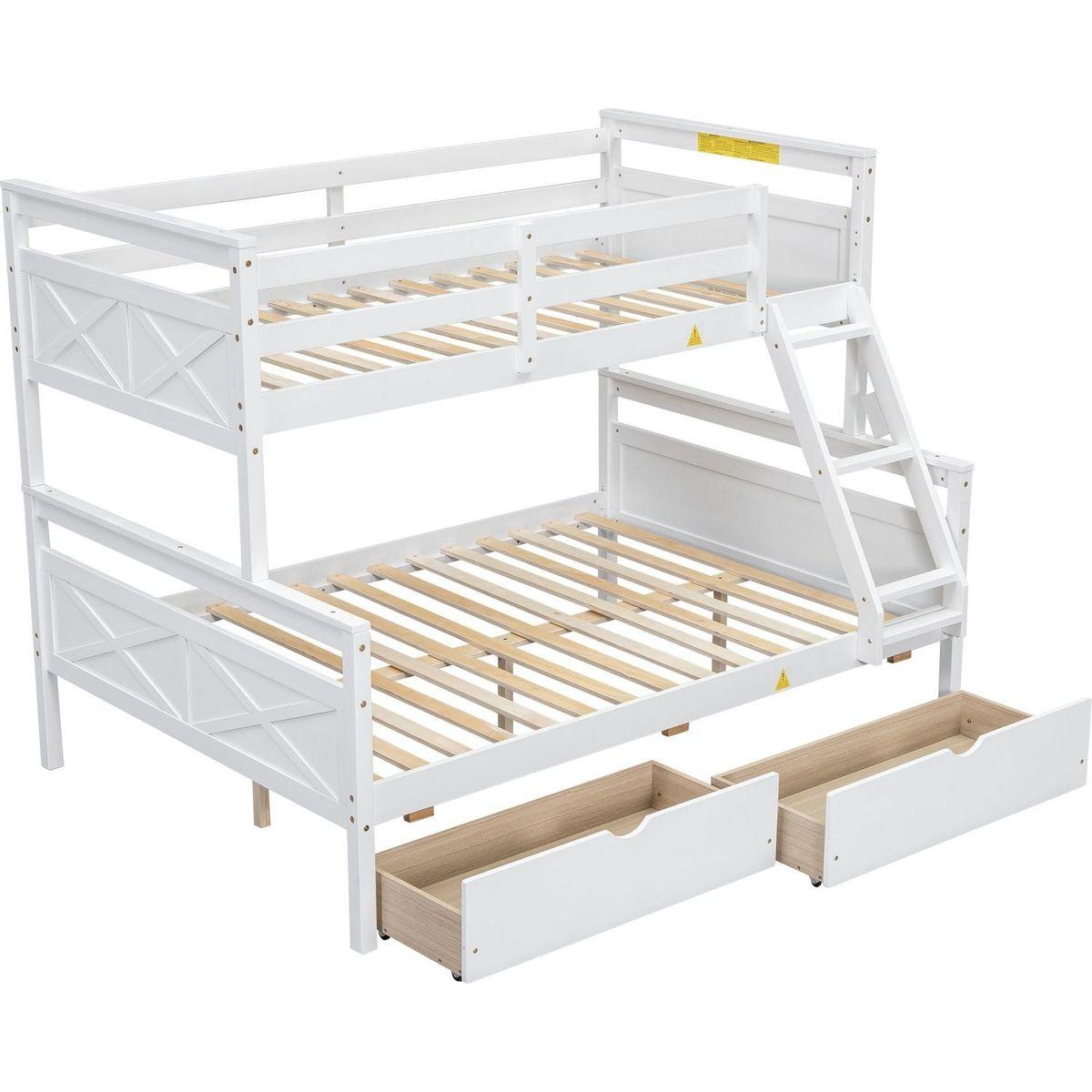 Twin over Full Bunk Bed with Ladder, Two Storage Drawers, Safety Guardrail, White