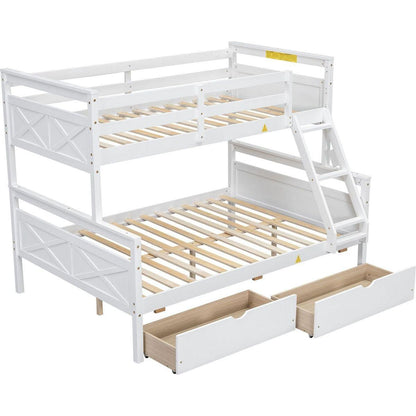 Twin over Full Bunk Bed with Ladder, Two Storage Drawers, Safety Guardrail, White