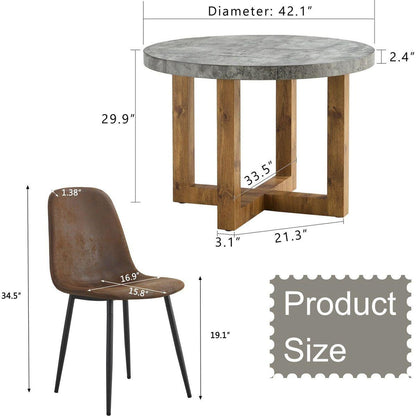 A modern and practical circular dining table. Made of MDF tabletop and wooden MDF table legs. A set of 4 brown cushioned chairs.