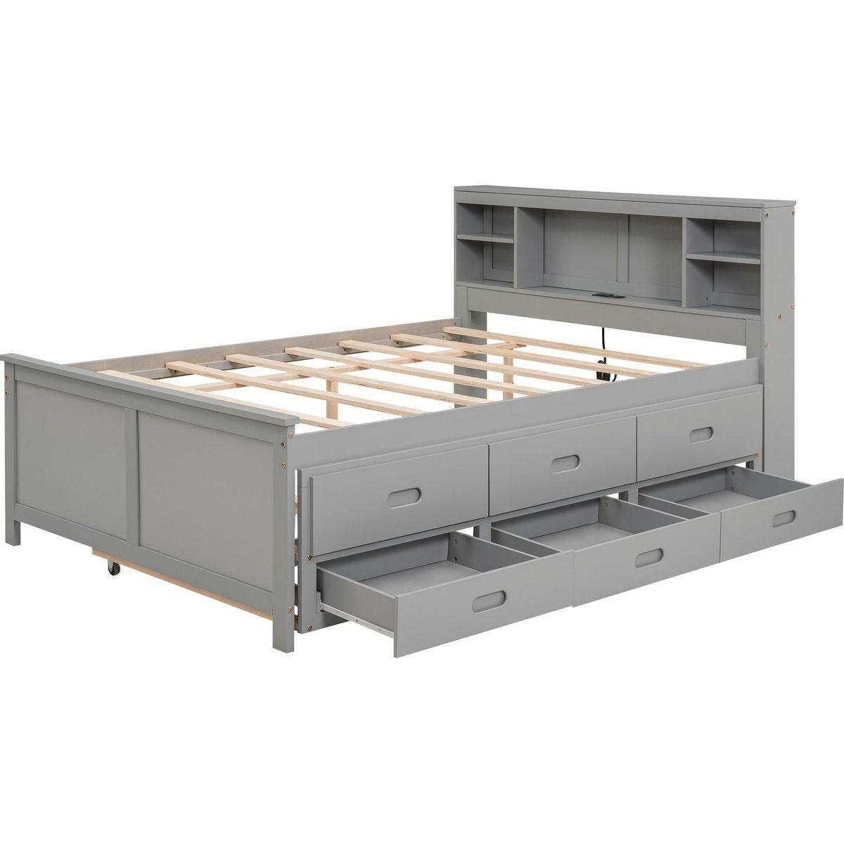 Full Size Platform Bed with Storage Headboard, USB, Twin Size Trundle and 3 Drawers, Gray