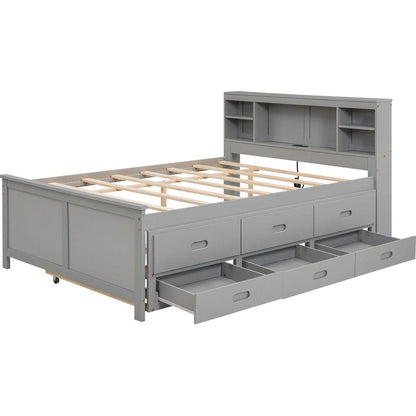 Full Size Platform Bed with Storage Headboard, USB, Twin Size Trundle and 3 Drawers, Gray