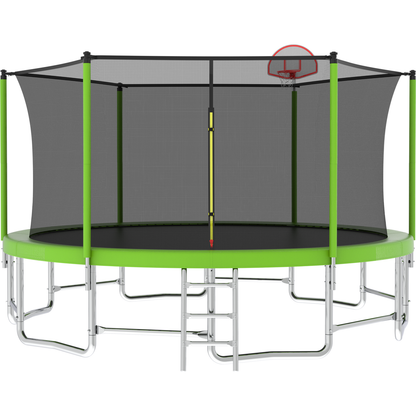 16FT Trampoline with Balance Bar & Basketball Hoop&Ball, ASTM Approved Reinforced Type Outdoor Trampoline with Enclosure Net