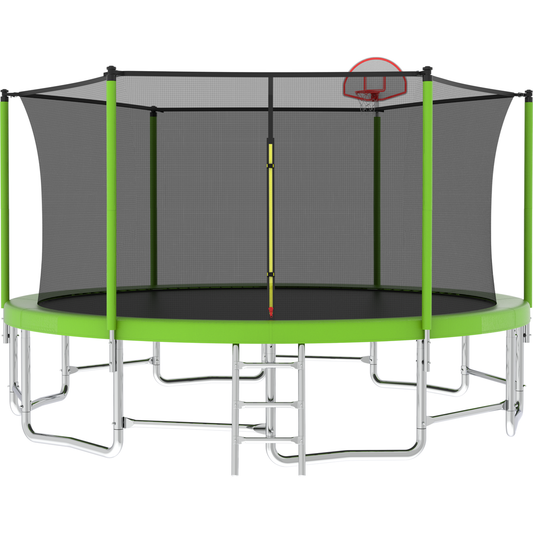 16FT Trampoline with Balance Bar & Basketball Hoop&Ball, ASTM Approved Reinforced Type Outdoor Trampoline with Enclosure Net