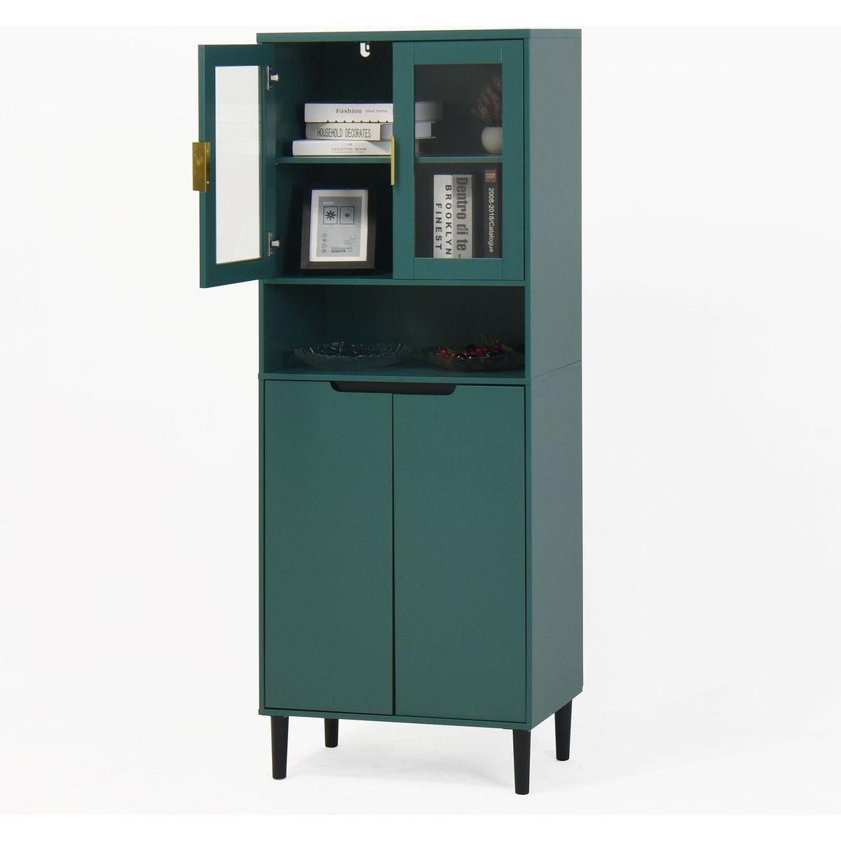 Tall Storage Show Cabinet with 2 Glass Display Door & 2 Doors, Tall Kitchen Pantry Cabinet with Gold Handles, Modern Cabinet Freestanding for Bathroom, Dining Living Room, Green