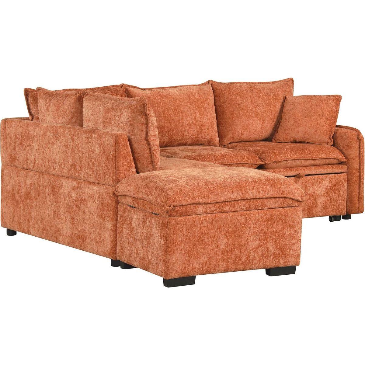 82.67"Convertible Sofa Bed Sectional Sofa Sleeper L-shaped Sofa with a Storage Ottoman,Two Pillows, Two Power Sockets and Two USB Ports for Living Room, Orange