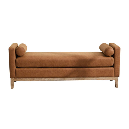 Elegant Upholstered Bench,Daybed,Ottoman with Wood Legs & 2 Bolster Pillows,Brown PU,66.34'W