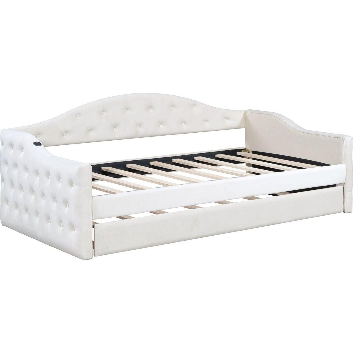 Twin Size Tufted Upholstered Daybed with Trundle, Velvet Sofabed with USB&Type-C Charging Ports,No Box-spring Needed, Beige