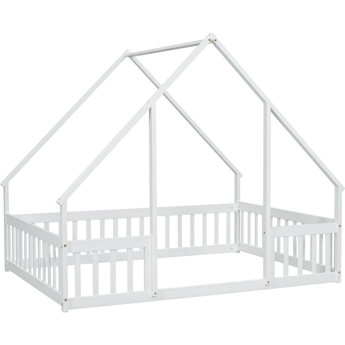 Full Wood House-Shaped Floor Bed with Fence, Guardrails,White