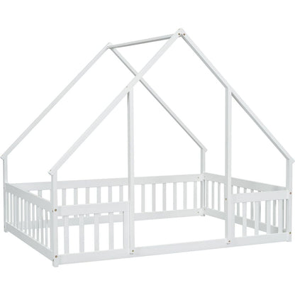 Full Wood House-Shaped Floor Bed with Fence, Guardrails,White