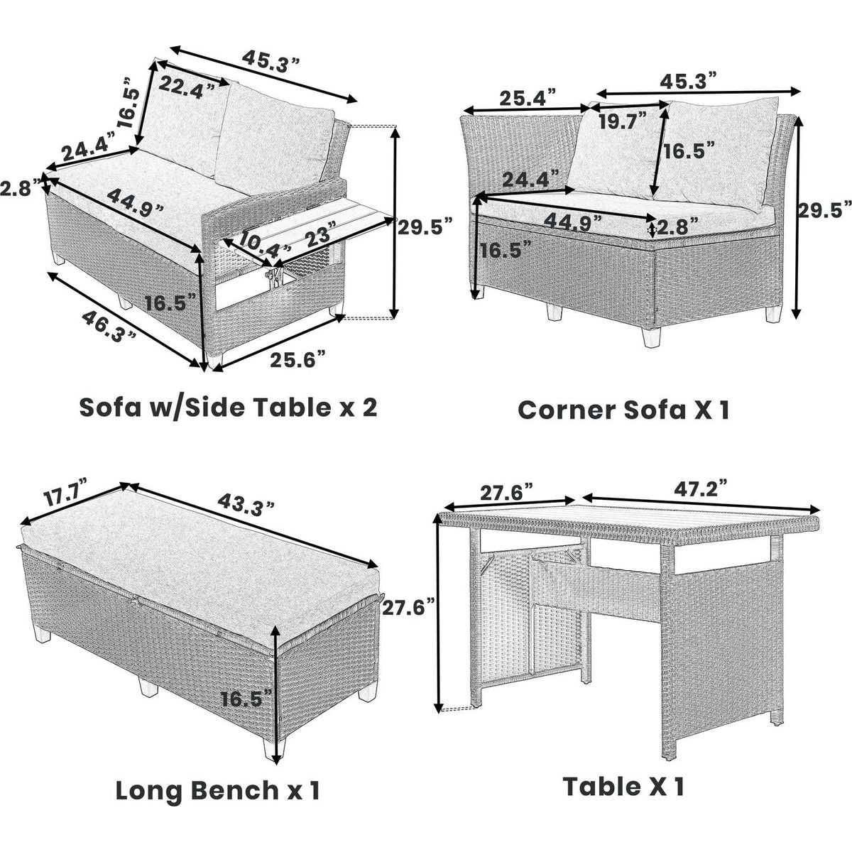 5-Piece Outdoor Patio Rattan Sofa Set, Sectional PE Wicker L-Shaped Garden Furniture Set with 2 Extendable Side Tables, Dining Table and Washable Covers for Backyard, Poolside, Indoor, Gray