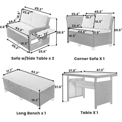 5-Piece Outdoor Patio Rattan Sofa Set, Sectional PE Wicker L-Shaped Garden Furniture Set with 2 Extendable Side Tables, Dining Table and Washable Covers for Backyard, Poolside, Indoor, Gray
