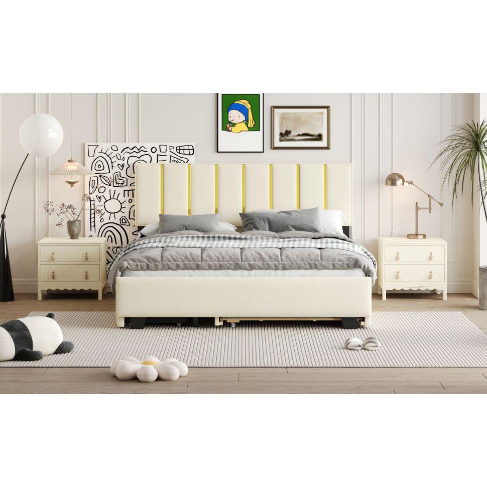 Queen Size Upholstered Platform Bed with 2 Drawers and 1 Trundle, Classic Metal Strip Headboard Design, Beige