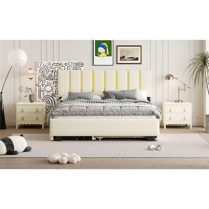 Queen Size Upholstered Platform Bed with 2 Drawers and 1 Trundle, Classic Metal Strip Headboard Design, Beige