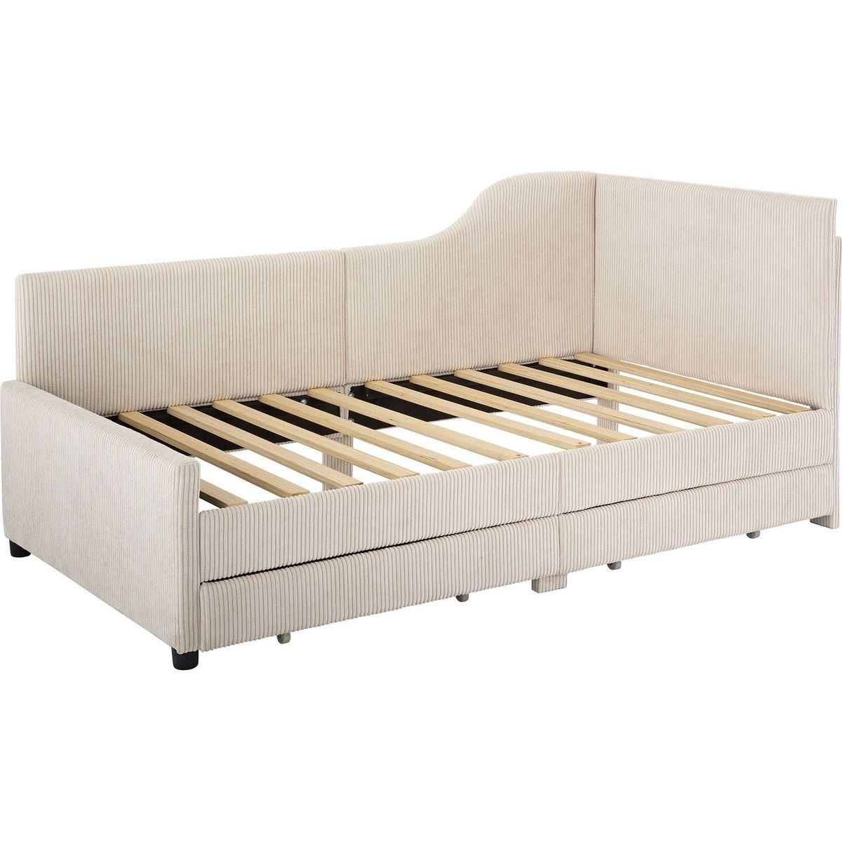 Twin Size L-Shaped Corduroy Daybed,Upholstered Bed Frame with 2 Storage Drawers, Beige