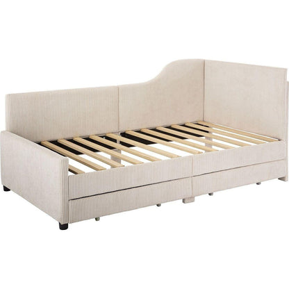 Twin Size L-Shaped Corduroy Daybed,Upholstered Bed Frame with 2 Storage Drawers, Beige