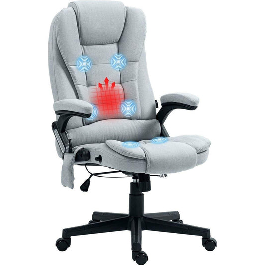 6 Point Vibrating Massage Office Chair with Heat, Linen High Back Executive Office Chair with Reclining Backrest, Padded Armrests and Remote, Light Gray