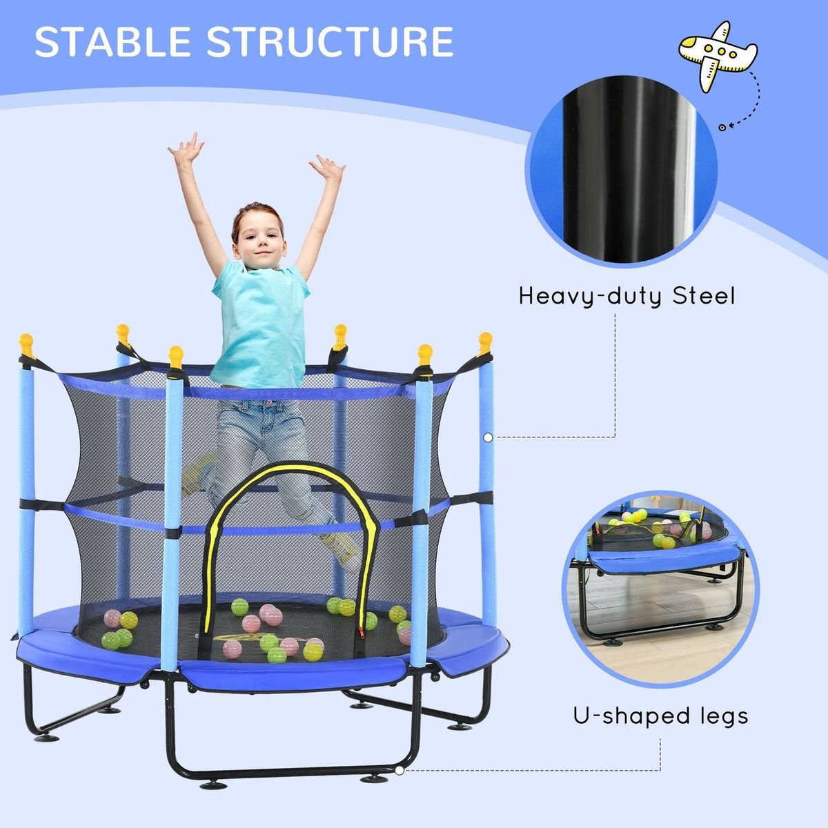 Qaba 4.6' Trampoline for Kids, 55 Inch Toddler Trampoline with Safety Enclosure & Ball Pit for Indoor or Outdoor Use, Built for Kids 3-10 Years, Blue