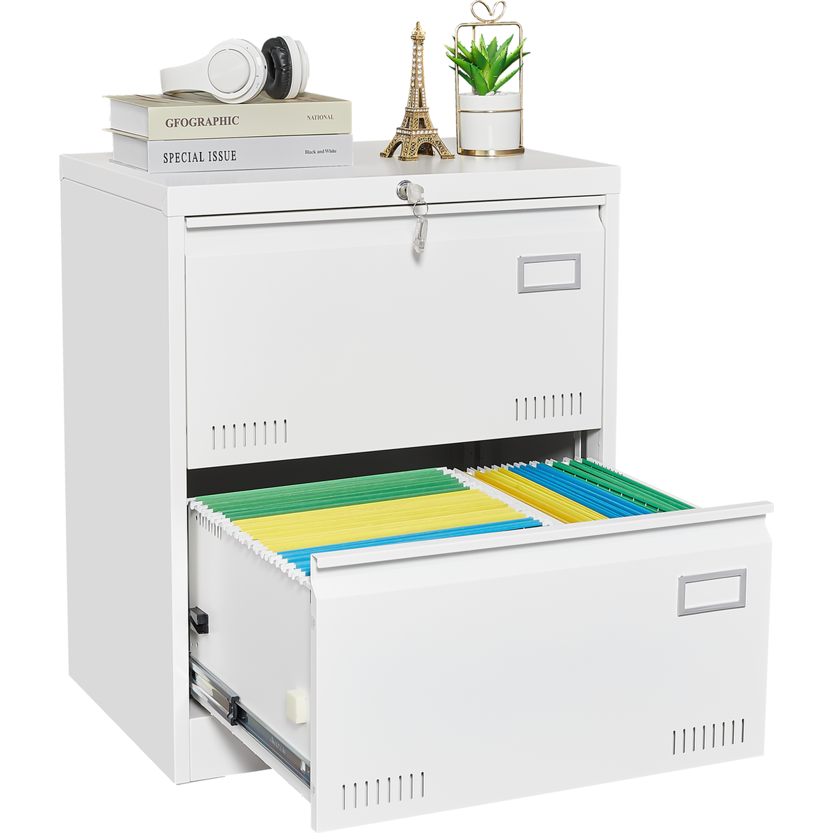 Filing Cabinet Lateral File Cabinet 2 Drawer, White Filing Cabinets with Lock, Locking Metal File Cabinets Three Drawer Office Cabinet for Legal/Letter/A4/F4 Home Offic