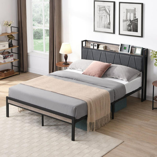 Full Size Metal Platform Bed Frame with upholstery storage function Headboard and USB LINER and Footboard, No Box Spring Needed, Large Under Bed Storage, Easy Assemble