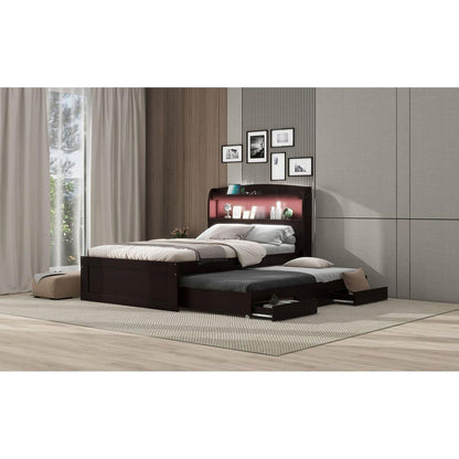 Twin XL Size Platform Bed with Storage LED Headboard, Charging Station, Twin Size Trundle and 2 Drawers, Dark Brown