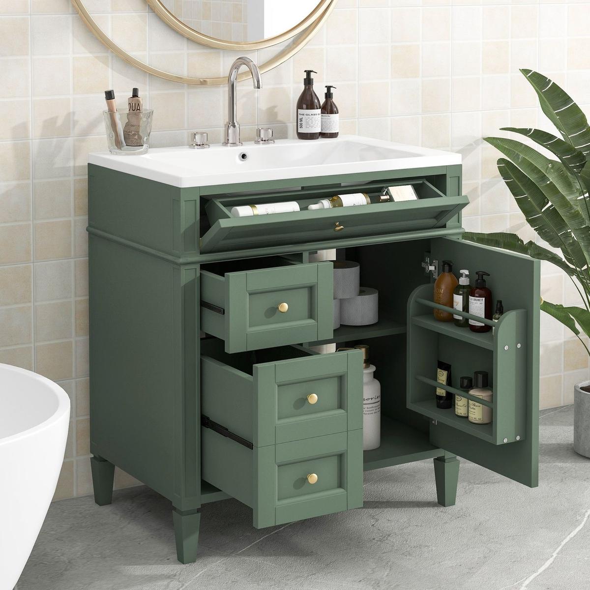 30" Bathroom Vanity with Top Sink, Modern Bathroom Storage Cabinet with 2 Drawers and a Tip-out Drawer, Single Sink Bathroom Vanity