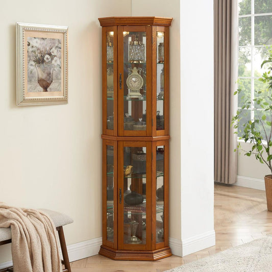 Corner Curio Cabinet with Lights, Adjustable Tempered Glass Shelves, Mirrored Back, Display Cabinet,Oak (E26 light bulb not included)